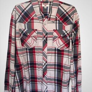 True Religion Men’s 2XL Western Pearl Snap Horseshoe Stitch Red/Black Plaid